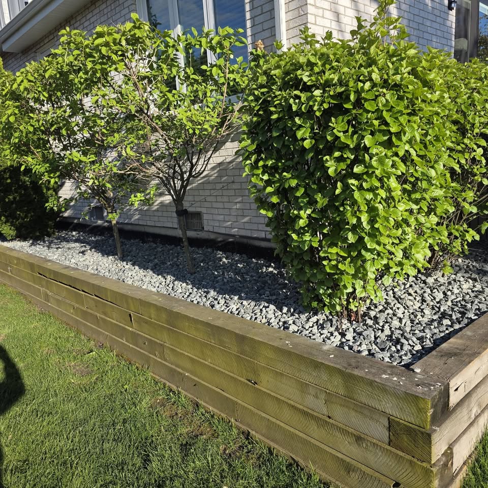 Timber retaining wall with decorative gravel and plantings